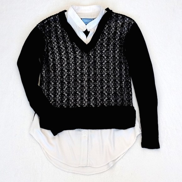 Vintage Simply Vera Navy Blue Lace Long Sleeve Sweater w Built-In White Shirt XS - Picture 4 of 16